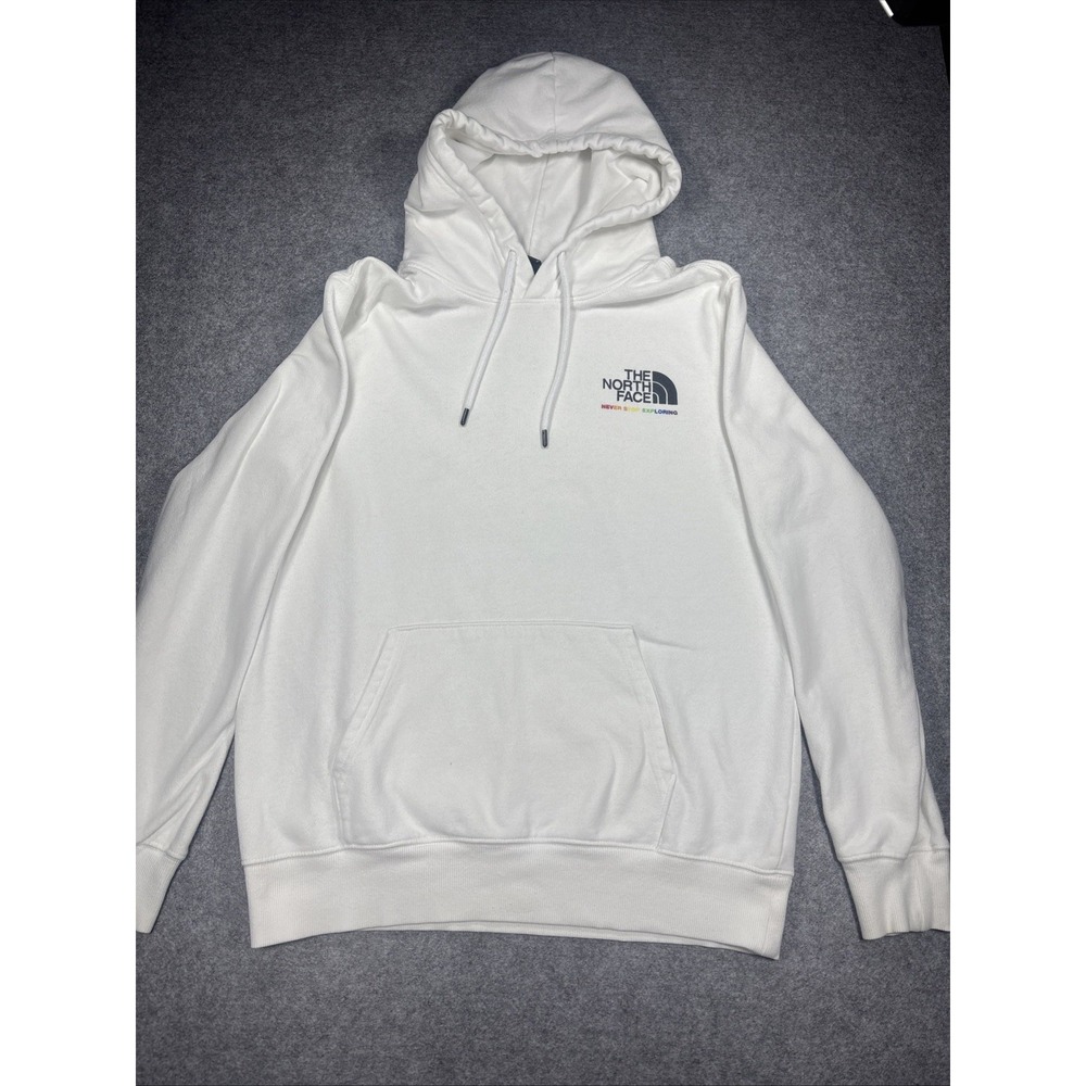 The North Face Hoodie Mens Large White Pullover Fleece Rainbow Logo Sweatshirt
